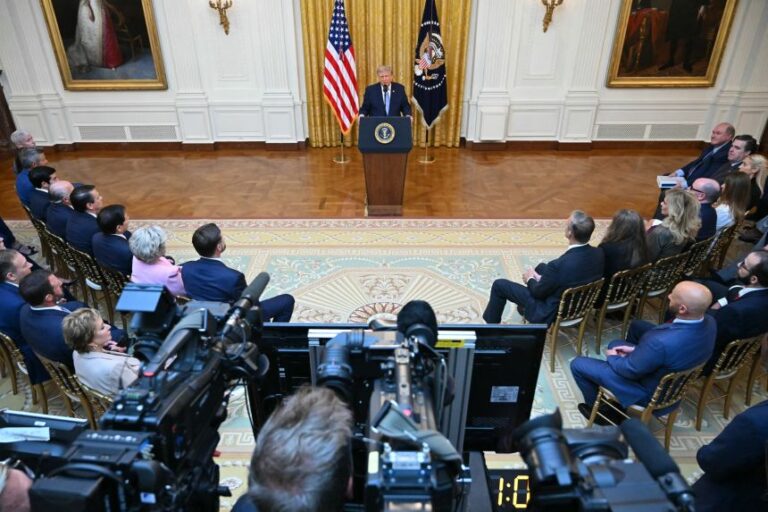 President Donald Trump addresses the nation from the East Room of the White House on July 16.