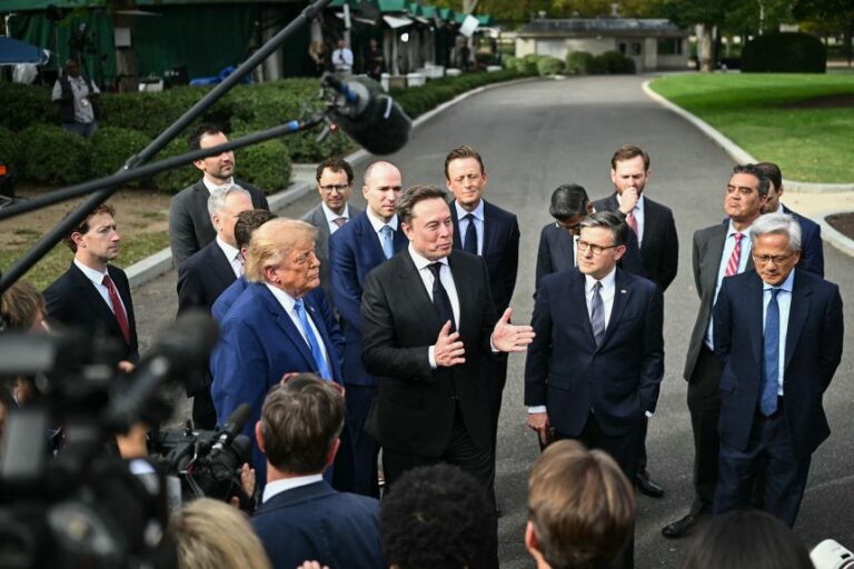 SpaceX CEO Elon Musk speaks to the press next to US President Donald Trump, House Speaker Mike Johnson and Nvidia CEO Jensen Huang after a meeting of technology executives about artificial intelligence at the White House in Washington, DC, on September 29, 2026.