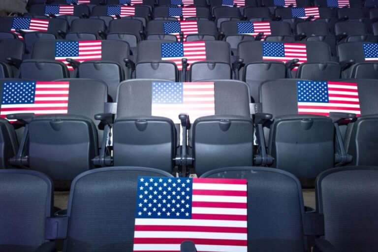 American flags are seen in stadium seats, ahead of the GOP Midterm Convention, at American Airlines Center in Dallas, Texas, on Tuesday.