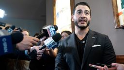 Abdul El-Sayed speaks to reporters at the Michigan Democratic Party's 2026 convention in Lansing on August 29.