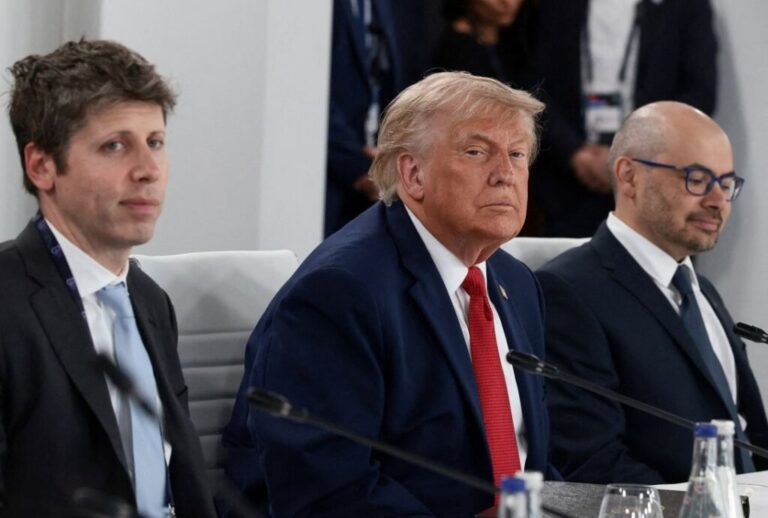 President Donald Trump sits between OpenAI CEO Sam Altman and Google DeepMind CEO Demis Hassabis during a working lunch with G7 leaders, G7 outreach partners and global tech CEOs, during the G7 Summit in Evian-les-Bains, France, on June 17.