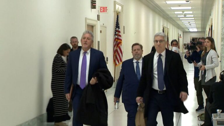 A screengrab taken from a video shows Jeffrey Epstein’s longtime employee and attorney Darren Indyke, center, on Capitol Hill, on Thursday, March 19, 2026.