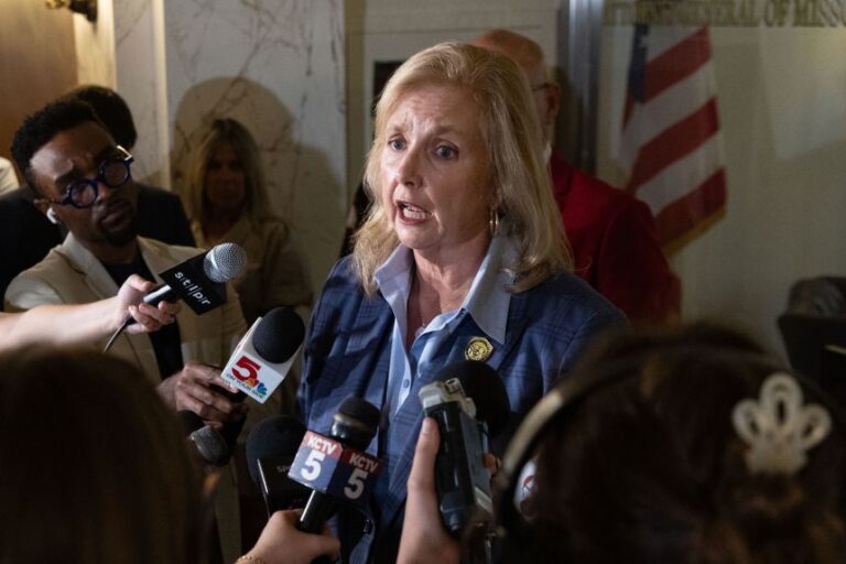 Missouri Attorney General Catherine Hanaway speaks to members of the media at the Missouri Supreme Court in Jefferson City, Missouri, Thursday, September 10.
