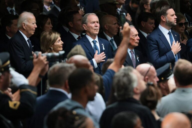 Former President Joe Biden, former first lady Laura Bush, former President George W. Bush, former New York Mayor Michael Bloomberg and Vice President JD Vance stand during the ceremony in New York