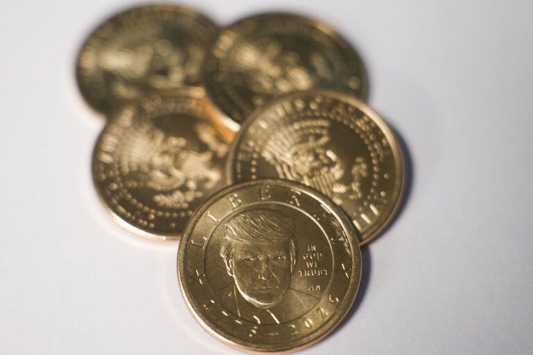 This photo illustration shows 2026 Semiquincentennial President Donald J. Trump $1 coins in Washington, DC, on September 3, 2026.