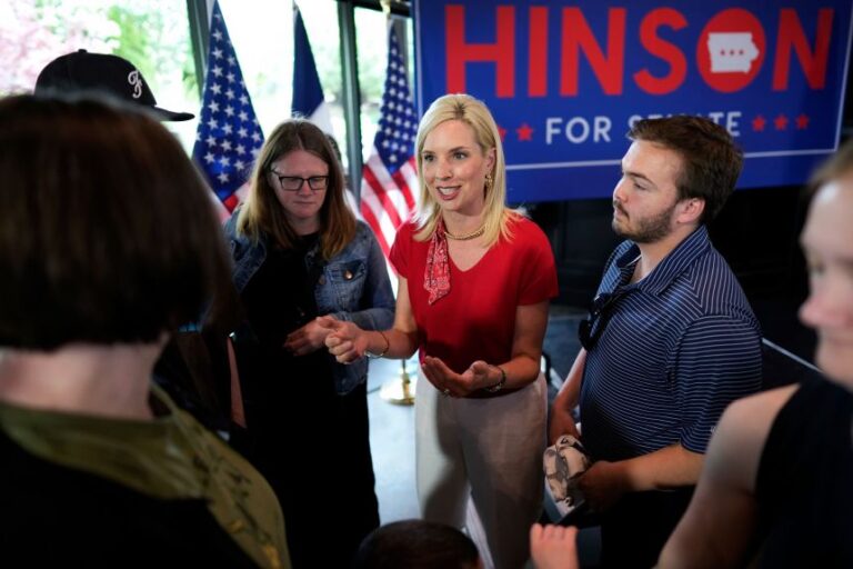 Rep. Ashley Hinson greets audience members during a campaign rally in West Des Moines, Iowa, on May 30, 2026.