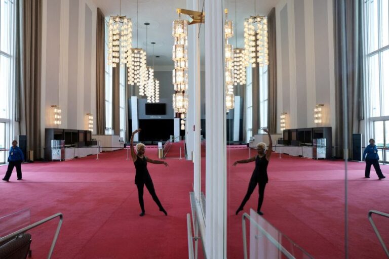 Surayya Nkosi finds a quiet spot to work on a choreography in the Grand Foyer of the Kennedy Center, on August 26. The Trump administration argued in a court filing could eventually face demolition if major repairs are not undertaken.