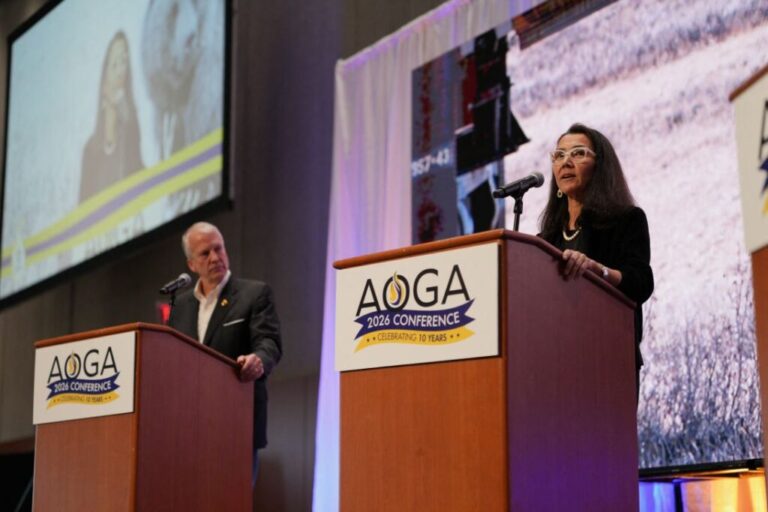 Candidates in the upcoming US Senate election, Republican US Sen. Dan Sullivan and former Democratic US Rep Mary Peltola, attend a forum at the Alaska Oil & Gas Association annual conference in Anchorage, Alaska, on August 27.