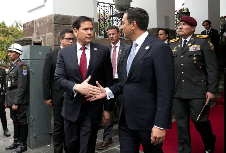 US Secretary of State Marco Rubio , left, and Ecuador's Foreign Affairs Minister Roberto Kury shake hands after a press conference at Carondelet Palace in Quito on September 9.