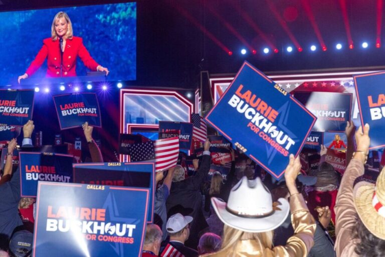 Attendees cheer as Laurie Buckhout, the Republican nominee for North Carolina’s first congressional district, speaks.