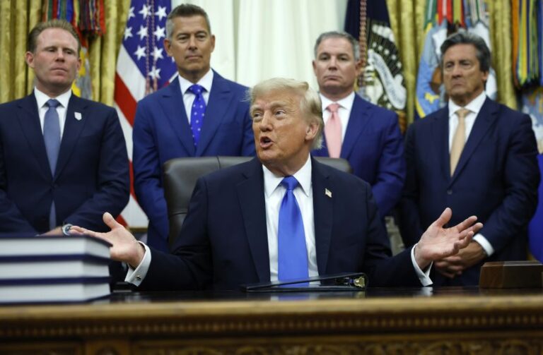 President Donald Trump takes questions from the media during a meeting with US travel executives in the Oval Office of the White House on September 2, 2026.