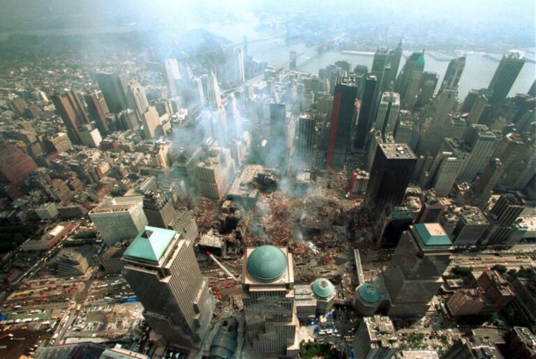An aerial view shows Ground Zero on October 2, 2001.