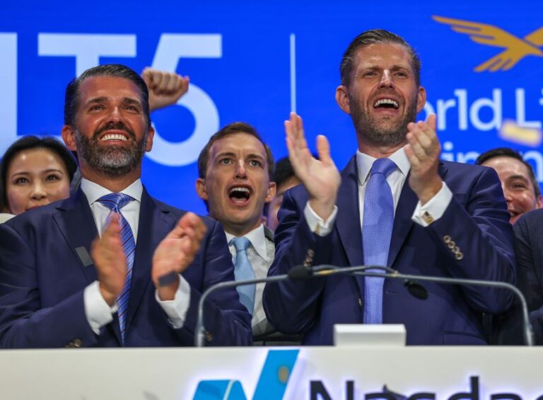 Donald Trump Jr. and Eric Trump mark the $1.5 billion partnership between World Liberty Financial and ALT5 Sigma with the ringing of the Nasdaq opening bell in New York, on August 13, 2025.