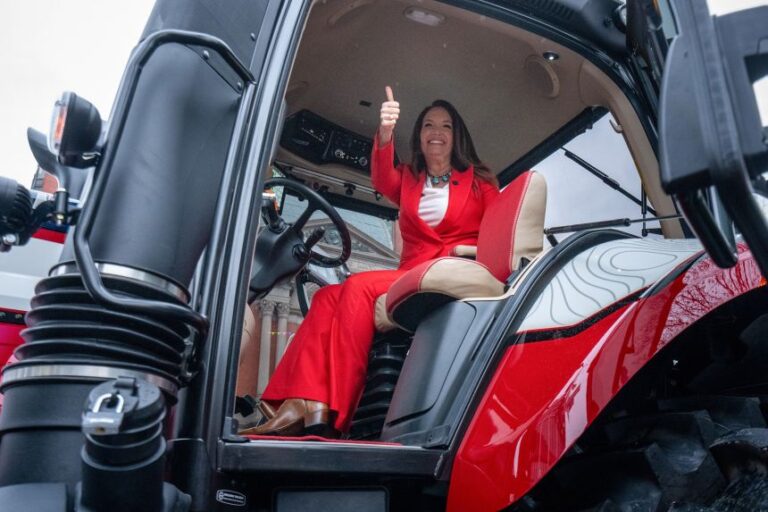Agriculture Secretary Brooke Rollins gives a thumbs up before driving a tractor from the White House to the Agriculture Department building in Washington, DC, on March 27.