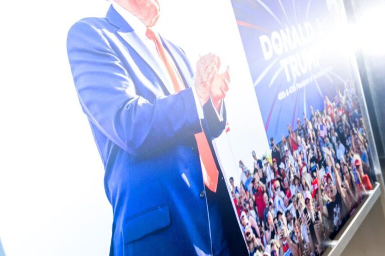 A picture of Donald Trump at a rally is seen in an elevator, ahead of the GOP Midterm Convention, at American Airlines Center in Dallas, Texas, on Tuesday.