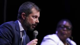Former US Transportation Secretary Pete Buttigieg speaks during the Spratt Issues Conference at the Francis Marion University Performing Arts Center on August 22 in Florence, South Carolina.
