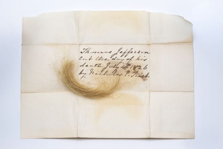 A lock of hair taken from Thomas Jefferson on the day of his death on July 4, 1826. This sample was used in additional DNA analysis.
