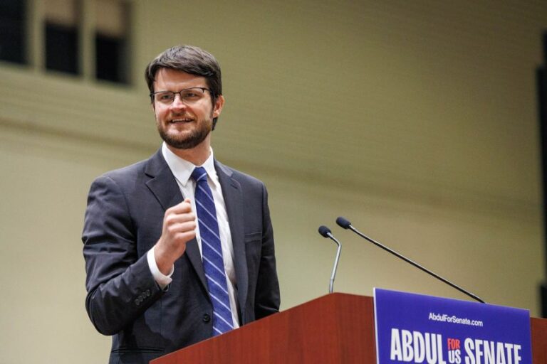 US House candidate William Lawrence speaks at a rally with US Senate candidate Abdul El-Sayed, Sen. Bernie Sanders and Rep. Alexandria Ocasio-Cortez in Lansing, Michigan, on July 19.