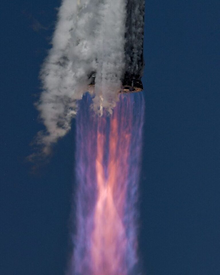 Starship's Super Heavy booster is seen during its 13th test flight from the SpaceX launch complex in Starbase, Texas, in July.