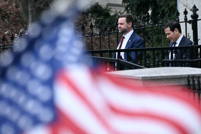 Vice President JD Vance and Secretary of State Marco Rubio depart the Eisenhower Executive Office Building on the White House campus in Washington, DC, on January 14.