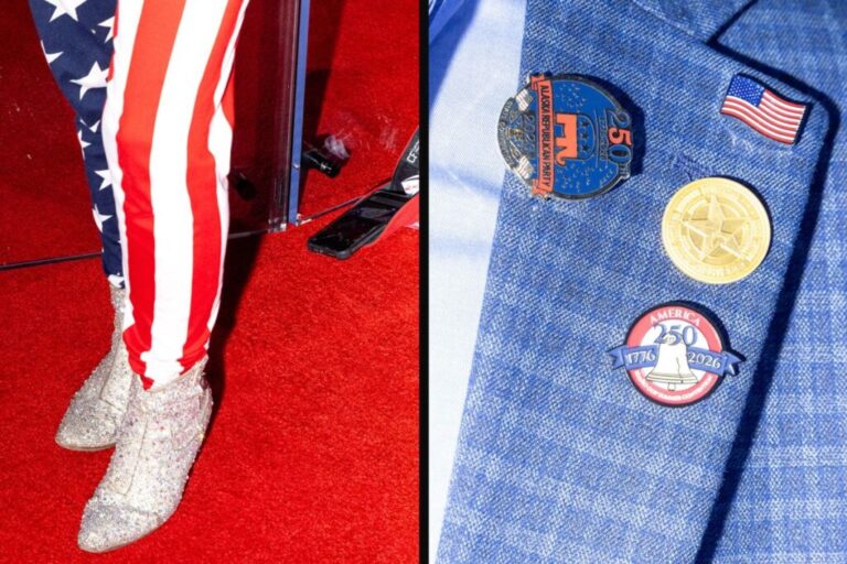 A woman wears American flag pants and glittery cowboy boots, while a man with a jacket sports various