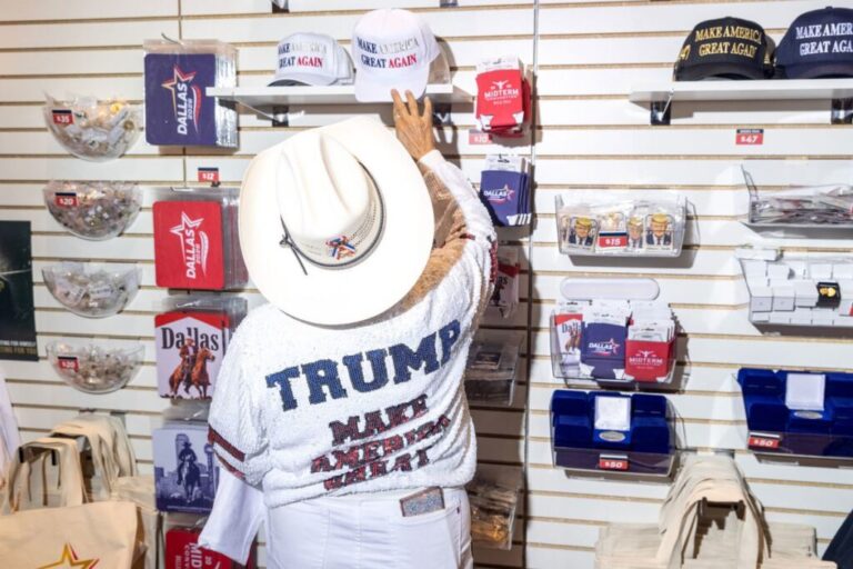 A woman looks through merchandise at a store in the convention hall.