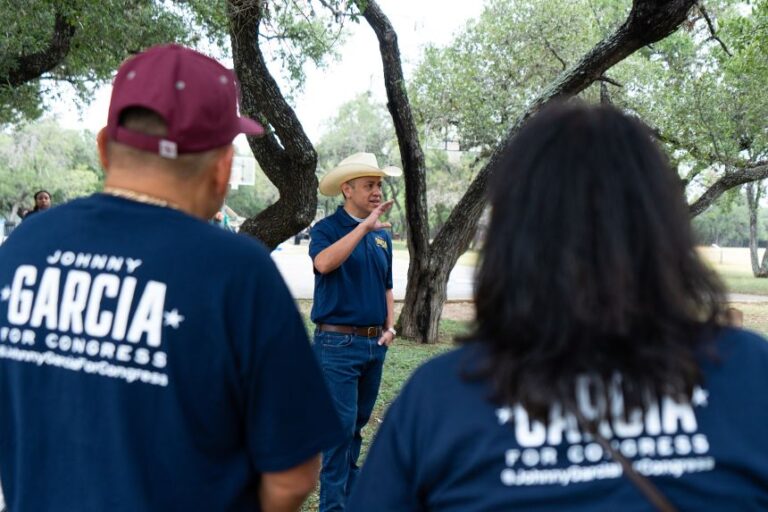 Texas Democratic congressional candidate Johnny Garcia speaks to campaign volunteers in San Antonio on September 12, 2026.
