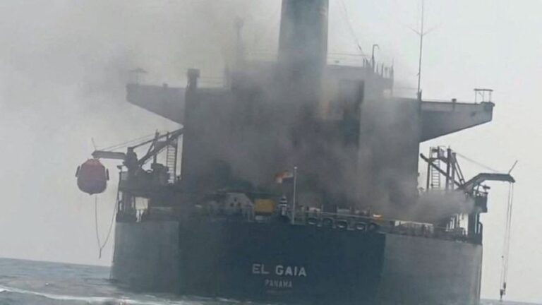 A still image from handout video released on September 15, said to show a damaged Panamanian-flagged oil tanker
