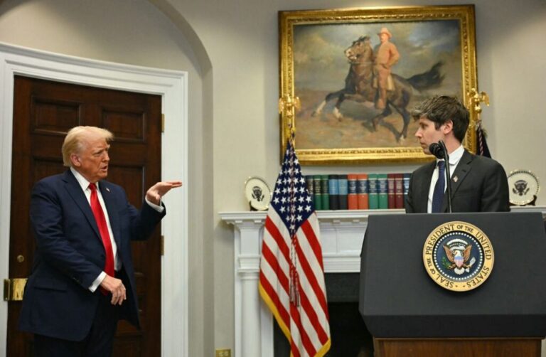 US President Trump gestures as CEO of Open AI Sam Altman speaks in the Roosevelt Room at the White House on January 21, 2025, in Washington, DC.