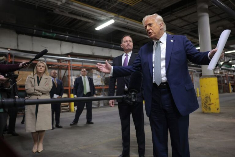 US President Donald Trump speaks to the media alongside Richard Grenell, President of The Kennedy Center Board of Trustees, during a guided tour of the John F. Kennedy Center for the Performing Arts before leading a board meeting on March 17, 2025.