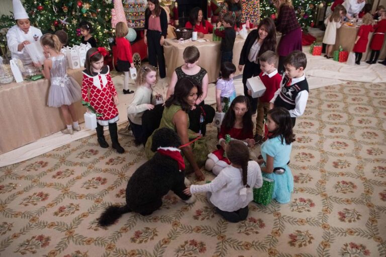 Military children speak with first lady Michelle Obama while playing with dogs Bo, bottom, and Sunny, top, during a preview of the 2015 holiday decor at the White House on December 2, 2015.