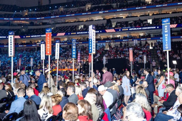 State delegate sections are arranged on the main floor of the convention arena at American Airlines Center.