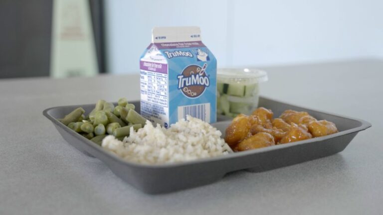 Popcorn chicken in orange glaze with fresh-made rice and green beans is one lunch option at Thomas Hooker Elementary School in Meriden, Connecticut.