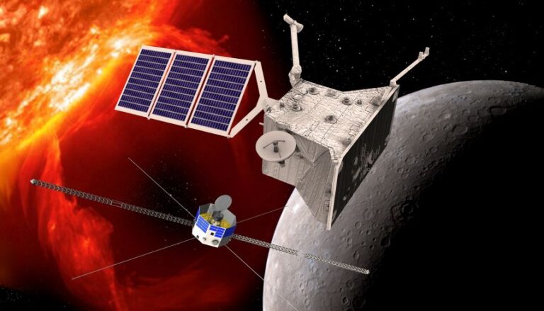 An artist's impression depicts both orbiters in the dynamic near-sun environment.