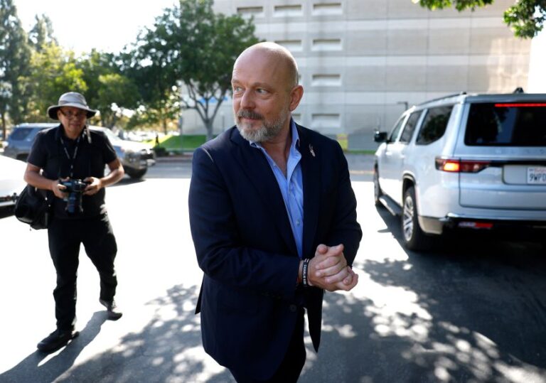California Republican gubernatorial candidate Steve Hilton leaves a press conference outside of the Los Angeles County Registrar of Voters, in Norwalk, California, on June 9.
