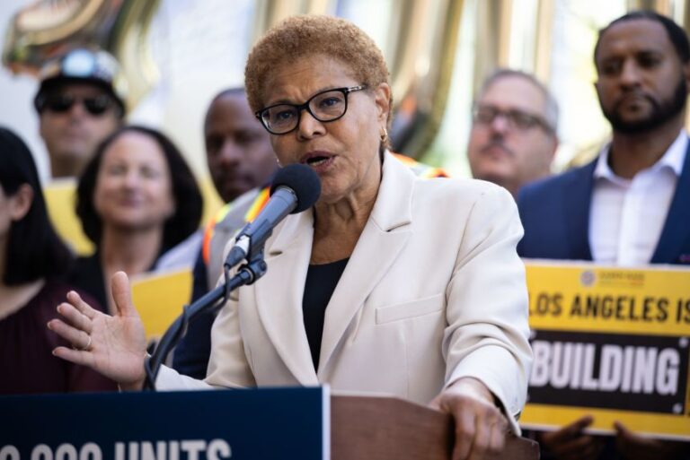 Karen Bass speaks at Vermont/Santa Monica Metro Center in Los Angeles, California, on September 23.