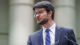 US House candidate William Lawrence speaks at a rally with US Senate candidate Abdul El-Sayed, US Sen. Bernie Sanders and US Rep. Alexandria Ocasio-Cortez in Lansing, Michigan on July 19.