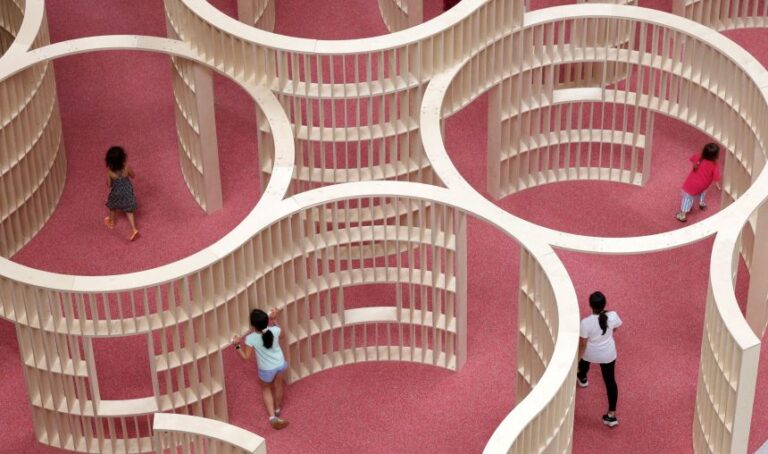 Children enjoy the Wavy Walls maze of the National Building Museum’s newest installation THE PLAYGROUND on July 9, 2026 in Washington, DC.