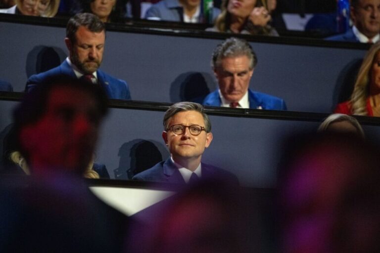 Speaker of the House Mike Johnson sits in a VIP box. Johnson framed the November contest as the “most important midterm election” the country has seen, pitching it as a choice between common sense and communism.