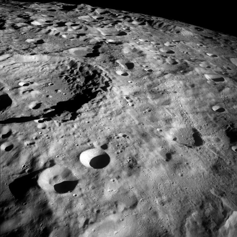 The Apollo 8 mission captured a southward view of the moon's far side. The rugged terrain is characteristic of this area.