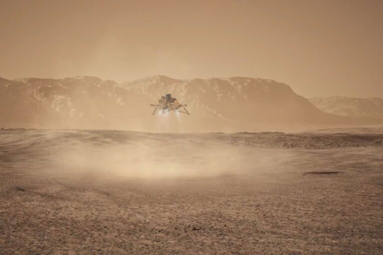 An illustration depicts Lockheed Martin's small lander touching down on Mars to collect the samples.