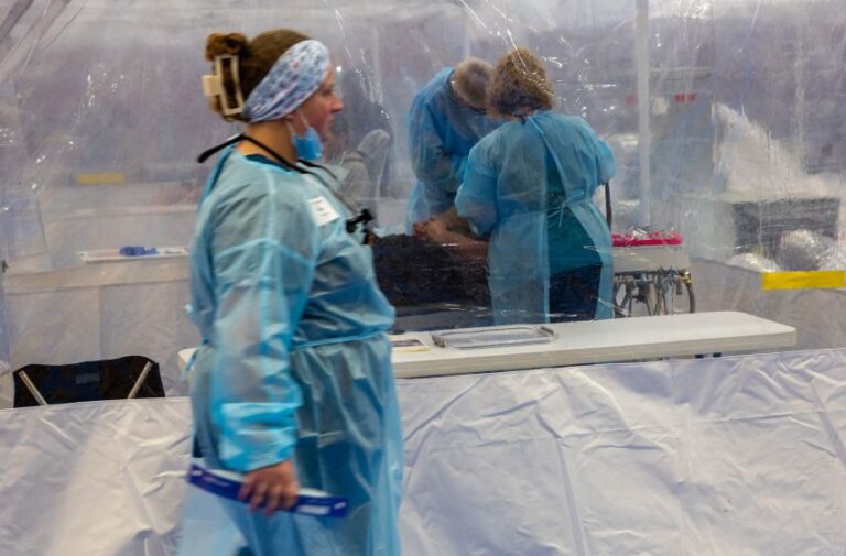 Dentists care for patients at a Remote Area Medical mobile dental and medical clinic, which offers free medical care in underserved communities, in Terre Haute, Indiana, on August 02, 2025.