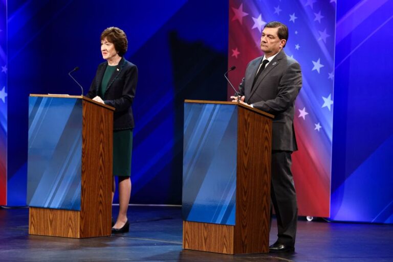 US Senator Susan Collins (R-ME) and Democratic candidate for the US Senate Troy Jackson are seen during their debate at the Gracie Theatre in Bangor, Maine on October 15, 2026. Jackson is looking to unseat the five-term senator in November's midterm election. Americans voting in the November 3 midterm elections will decide who controls Congress for the final two years of Donald Trump's presidency, along with dozens of governorships and thousands of state offices.