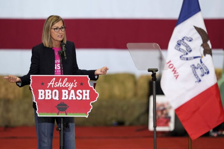 Iowa Gov. Kim Reynolds speaks during a BBQ fundraiser for Iowa Republican US Senate candidate, Rep. Ashley Hinson at the Horizon Events Center in Clive, on August 29.
