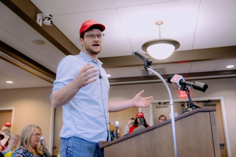 Democratic congressional candidate Will Lawrence speaks at the Mason City Council Data Center Town Hall Mason, Michigan, on September 14. Lawrence is running against US Rep. Tom Barrett in Michigan's 7th district.