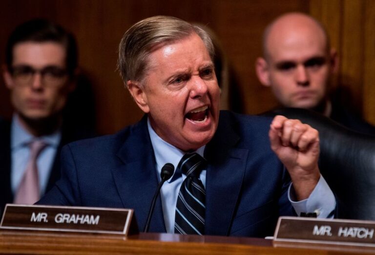 Sen. Lindsey Graham shouts during a Supreme Court confirmation hearing for  then-Judge Brett Kavanaugh, in the Dirksen Senate Office Building on September 27, 2018.