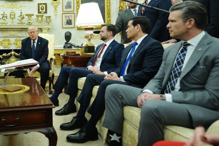 Vice President JD Vance and Secretary of State Marco Rubio wear Florsheim oxfords gifted by President Donald Trump, during a meeting between Trump and German Chancellor Friedrich Merz, on March 3.