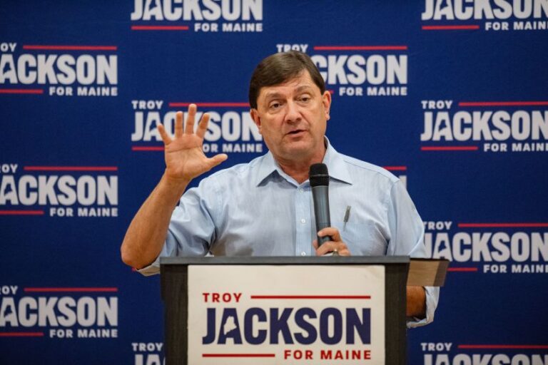 Troy Jackson speaks at a town hall in Biddeford, Maine, on September 13.