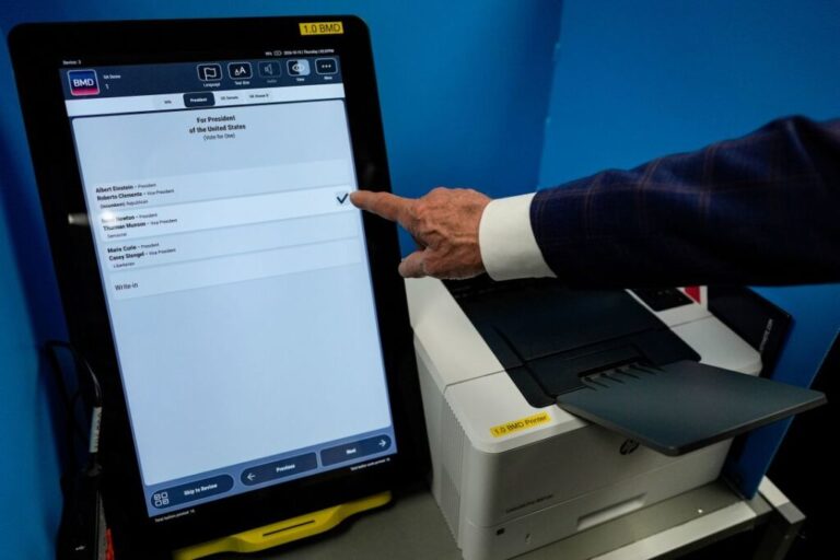 A voting machine is seen while vendors show their voting equipment to Georgia legislators for the 2028 election at the state capitol in Atlanta on October 15.