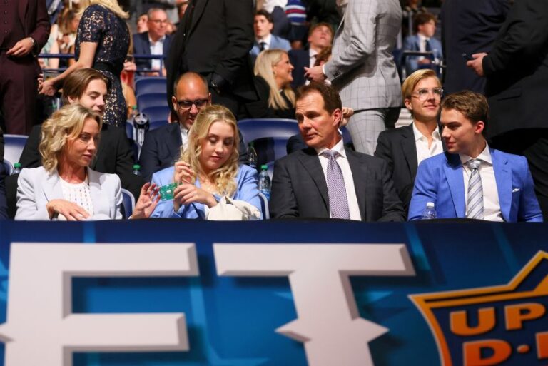 Melanie Bedard made a point of not discussing sports with her superstar hockey-playing son, Connor, on the drives home. Shown from left to right are Melanie Bedard, her daughter Madisen, son Connor and husband Tom prior to the 2023 Upper Deck NHL Draft at Bridgestone Arena on June 28, 2023 in Nashville, Tennessee.